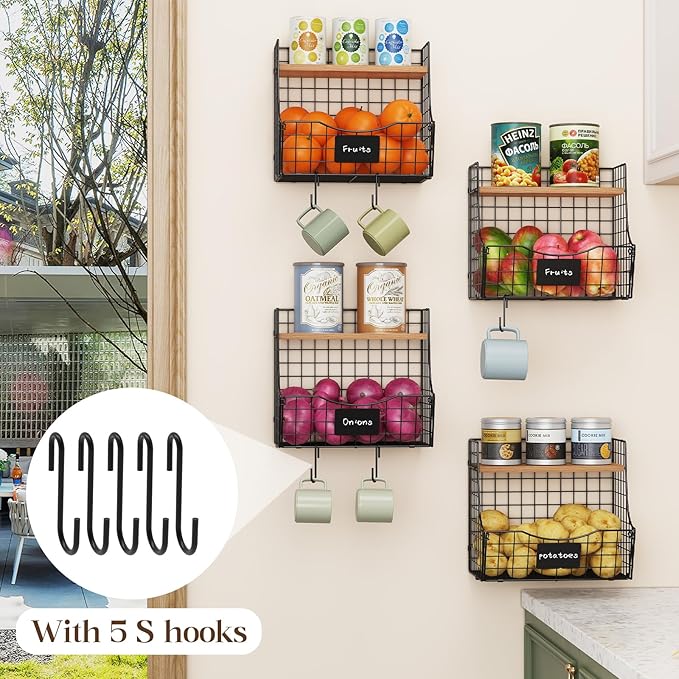 Fruit Basket for Kitchen with Lid, Counter&Wall Mounted Hanging Fruit Basket, Potato and Onion Storage, Metal Wire Fruit and Vegetable Storage, Snack Organizer 4 Pack(small and large)