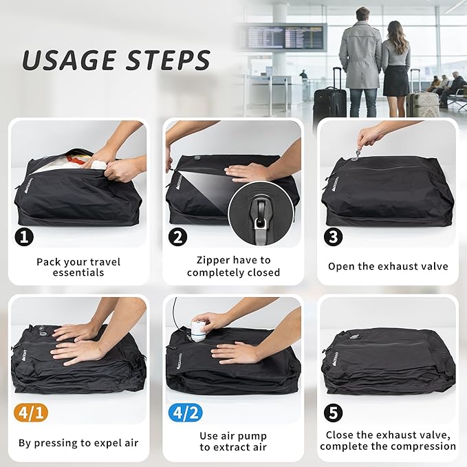 Vacuum Bag for Travel, Professional IPX8 Waterproof Reusable Vacuum Compression Bags for Travel Suitcases, Durable Space Saver Bag(2 PACK Navy Blue,With Pump)