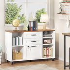Semoic 3 Drawer Wood Lateral File Cabinet with Lock, Rolling Mobile Filing Cabinet with Open Storage Shelves, Printer Stand Office Storage Cabinet for Home Office Fits Files Legal/A4 Size, White
