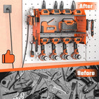 Power Tool Organizer with Charging Station, Heavy Duty 4 Layer Drill Holder Wall Mount Garage Shelf Rack with 6 Outlet Power Strip, Tool Shelf with Hooks, Drill Bit Rack for Garage, Orange