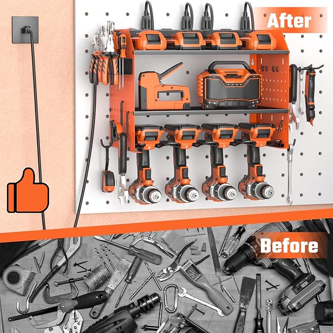 Power Tool Organizer with Charging Station, Heavy Duty 4 Layer Drill Holder Wall Mount Garage Shelf Rack with 6 Outlet Power Strip, Tool Shelf with Hooks, Drill Bit Rack for Garage, Orange