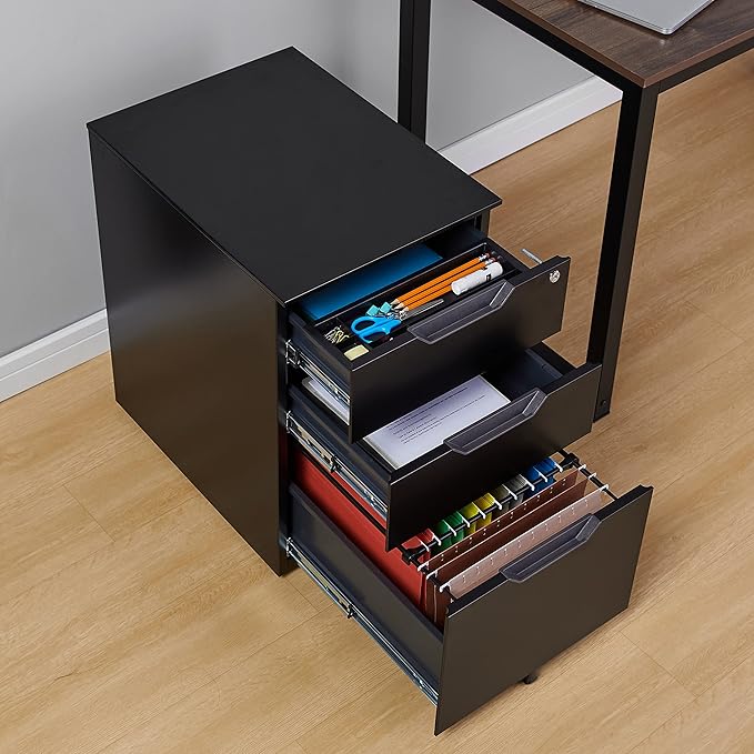 Amazon Basics 3-Drawer Mobile File Cabinet with Lock, Rolling Filing Cabinet for Hanging Files, Black, 20.71" D x 15.51" W x 24.29" H | With Lock, 3 Drawer