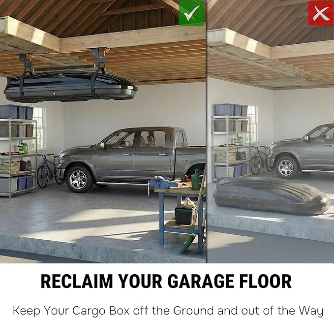Cargo Box Hoist for Garage Ceiling with Metal Pulley System Holds 150 lbs, 5.5" Low-profile Rooftop Carrier Storage Lift, Parallel or Perpendicular Mounted