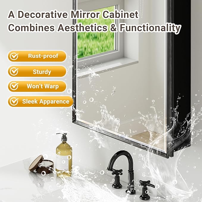 24x30 Pre-Assembled Black Medicine Cabinet with Mirror, Surface or Recessed Medicine Cabinet Mirror for Bathroom, Aluminum Beveled Frame Bathroom Vanity Mirror with Adjustable Shelves Storage