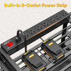49.5" W Large Power Tool Organizer Wall Mount with Charging Station, 4 Tier Heavy Duty 12 Cordless Drills Holder Load 800 lb, Tool Battery Storage Rack Built in 8 Outlet Power Strip for Garage
