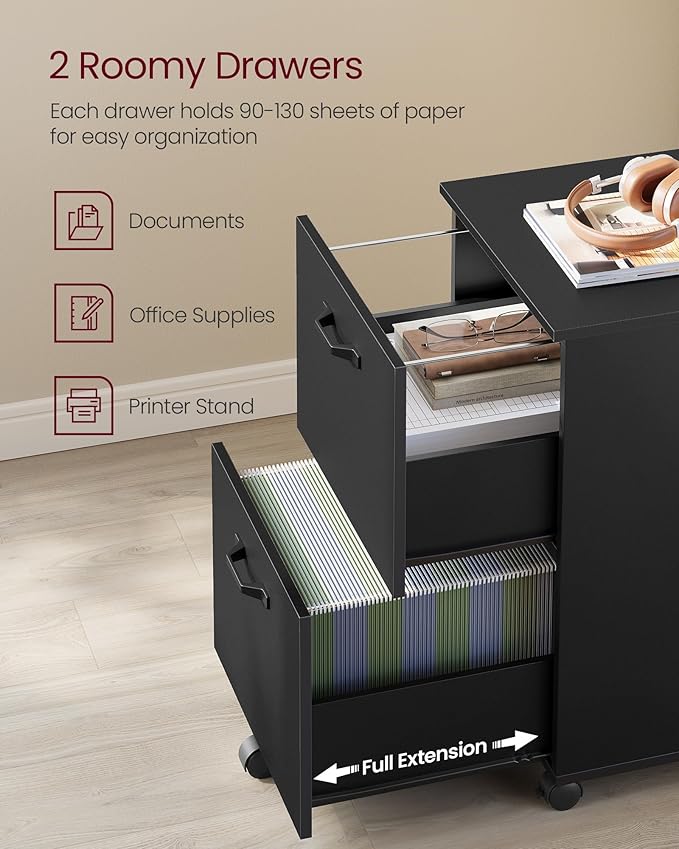 VASAGLE 2-Drawer File Cabinet, Small Rolling Filing Cabinet for Home Office, Printer Stand, for A4, Letter-Size Documents, 15.7 x 16.5 x 27.6 Inches, Ink Black UOFC040B16