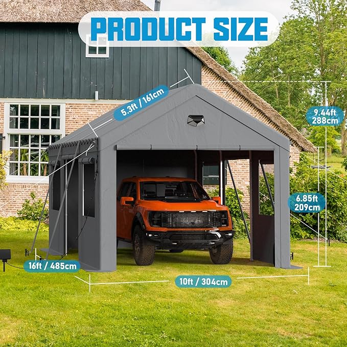 Carports Canopy Heavy Duty, Portable Garage with Sidewalls and Side Doors (10x16, Grey)