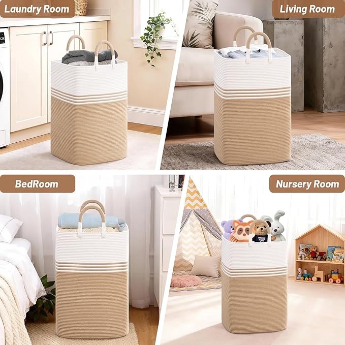 Laundry Basket Hamper,Blanket Storage,Dirty Clothes Hamper with Swivel Handles,Woven Cotton Rope Toy Baskets,Blanket Basket Living Room,Decorative Hampers for Nursery,Bedroom,White & Brown,60L