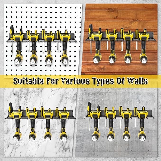 Drill Holder Wall Mount,Power Tool Organizer, 4 Cordless Drill Racks with Screwdriver Hole, Heavy Duty Garage Tool Storage Rack for Workshop Tool Room Basement
