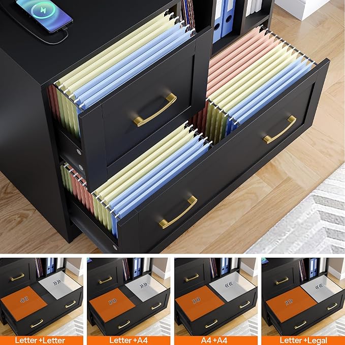 HOOBRO 2 Drawer File Cabinet with Charging Station, LED Lights, and Bookshelf, Farmhouse Filing Cabinet with File Holder Organizer, Fits Letter, Legal, A4 Size, Vertical, for Home Office, Black