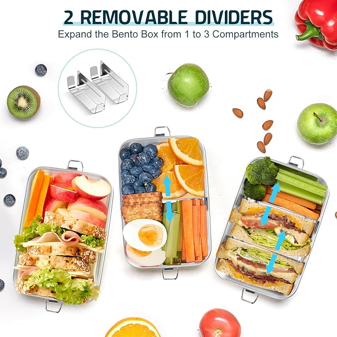 TeamFar Stainless Steel Bento Box, 47oz/1400ML Large Metal Bento Lunch Box Container for Adults/Kids, for Home/School/Office/Travel, With 2 Removable Dividers, Leak-Proof & Dishwasher Safe