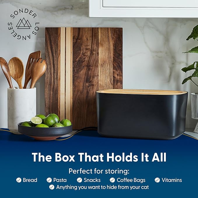 Sonder Los Angeles Union Large Bread Box | Fits Full Sourdough Loaves and More | Breadbox with Cutting Board | Homemade Bread Bin Storage Container | 14.25x9.25x7 in | Black