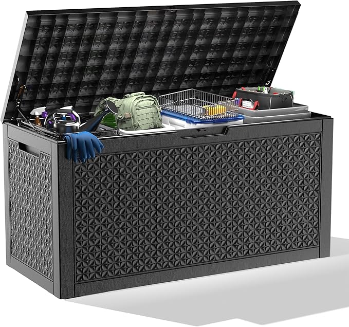 110 Gallon Outdoor Waterproof Resin Storage Deck Box Lockable Outside Bench UV Resistant Bin Patio Porch Furniture Pool Float Garden Tool Cushion Black