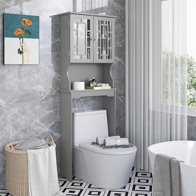 COSTWAY Over The Toilet Storage Cabinet, Bathroom Shelf Over Toilet, Double Door Bathroom Storage Cabinet Organizer with Adjustable Shelf, Open Shelf (Grey)
