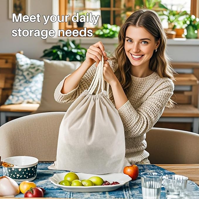 Cotton Storage Bags With Drawstrings - Rainflow 3 Pack 15x17 Inch Reusable Produce Bags Cotton Produce Bags Washable Muslin Storage Bags for Fruit Onion Storage Clothes Shopping Home Supplies