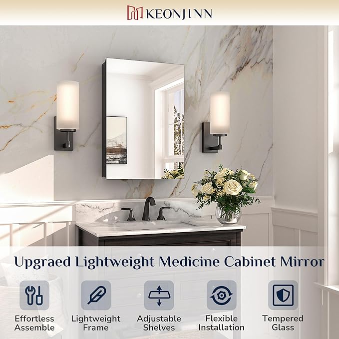 Keonjinn Black Medicine Cabinet for Bathroom with Mirror 16 x 24 Inch, Assembly Required, Lightweight, Tempered Glass, Free Adjustable Shelves, Recessed or Wall Mount, Bathroom Mirrors with Storage