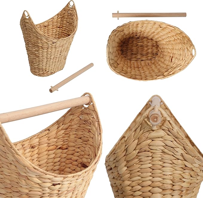 happimess PRH1000A Talia Classic Coastal Hand-Woven Water Hyacinth Toilet Paper Basket with Wood Bar, Reserve Storage for Extra Rolls, Free Standing Magazine Holder, Natural