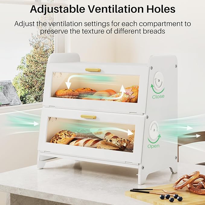 SNTD Bread Box - Kitchen Countertop Bread Storage Container with Bamboo Cutting Board, Adjustable Vent Hole Dials, White