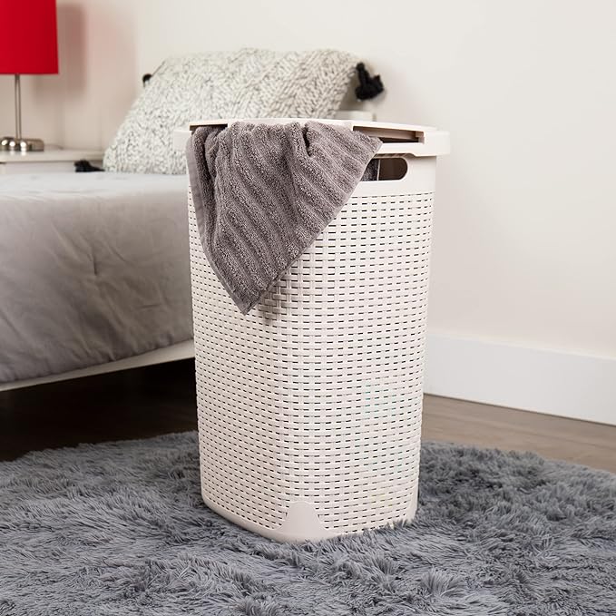 Mind Reader Slim Laundry Hamper with Lid, 60L Tall Clothes Basket, Narrow Tapered Design for Bathrooms, Closets and Laundry Rooms, Plastic, 2 Pack, Ivory