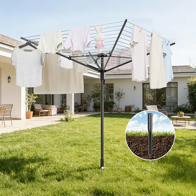 BAKON Outdoor Umbrella Clothes Drying Rack, Steel Four Arm Outdoor Clothes Drying Rack, 13 Rows of Clothes line Outdoors, Height Adjustable, Includes 40 Clothespins and Dust Cover.
