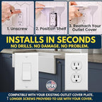 BeraTek Power Perch Wall Outlet Shelf with Cord Storage Strap - Declutter & Reclaim Counter Space - Alexa Holder, Charging Stand, Apple Homepod Mini Wall Mount - White, 2-Pack