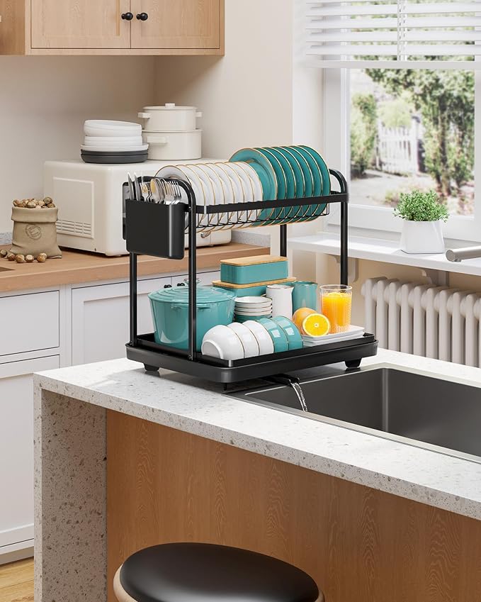 2-Tier Dish Drying Rack - Stainless Steel Dish Rack with Cutlery & Utensil Holders for Kitchen Counter, Sink Organization and Storage for Small Family, 15" W x 11.4" L x 15" H, Black