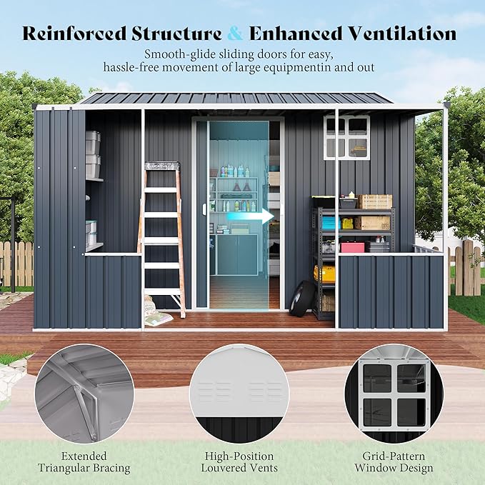 VanAcc 10×10.5×7 FT Metal Storage Shed, Dual-Zone Tool Shed with Work Area, Reinforced Frame, Gable Roof, Ventilated Design, Dark Grey