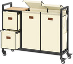 Hoctieon 4 Section Laundry Cart, 48 Gal. (182L) Laundry Hamper with Lid, Laundry Basket with Wheels, Rolling Laundry Sorter Organizer with Shelf, Clothes Separator with Removable Bags, Beige