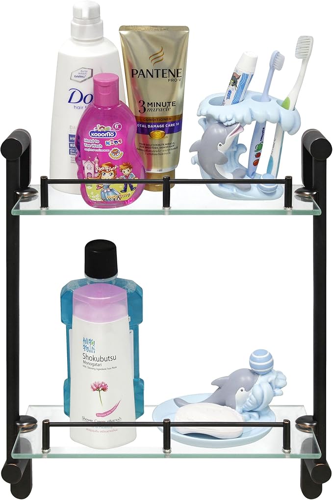 Double Wall Glass Shelf with Pre-Installed Rail - Rubbed Bronze - Oval Series - 5 Year Warrantee