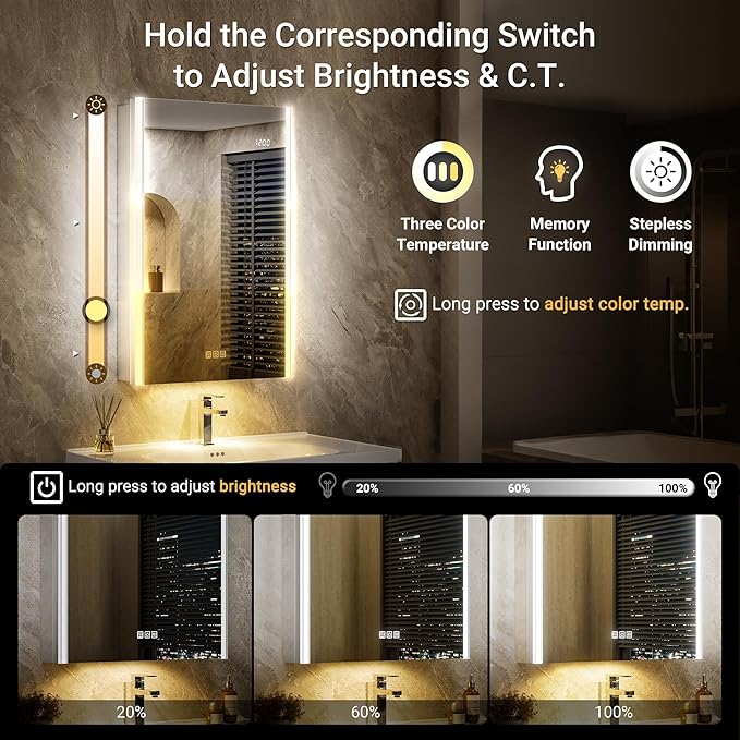 54x32 Lighted Medicine Cabinet Mirror with Magnifying & Night Lamp, 155° Soft-Close Hinge, Surface or Recessed Medicine Cabinet with Lights & Outlet, GFCI,Time Display& Inner Light,Hardwired