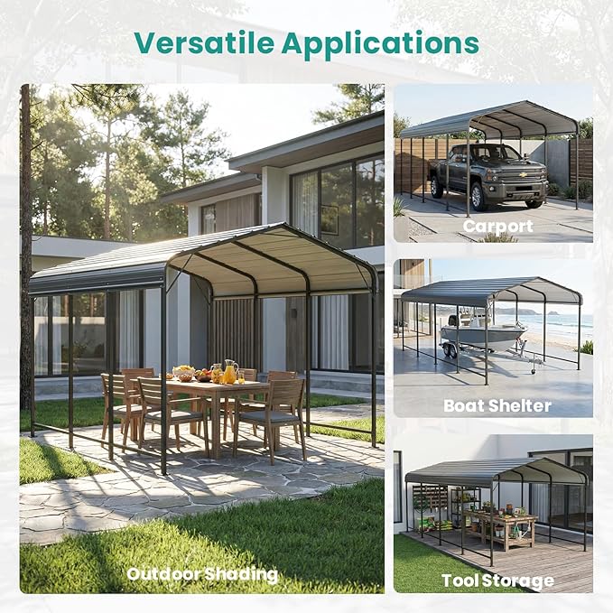 SUNBURY 10 x 20 ft Heavy Duty Metal Carport for Vehicle Storage, Canopy with Galvanized Steel Roof, Outdoor Steel Car Shelter with Metal Frame, for Cars, Boats, Pickups and Tractors, Gray