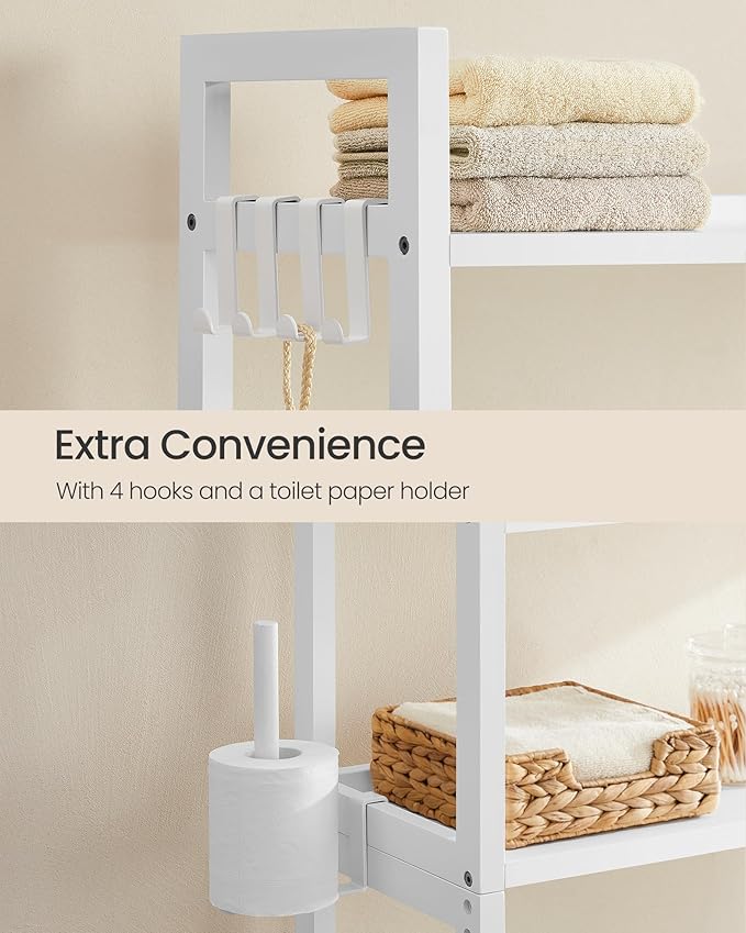 SONGMICS Over the Toilet Storage, 4-Tier Over Toilet Bathroom Organizer with Adjustable Shelves, 26 x 83 x 185 cm, Space-Saving, Cloud White UBTS017W01