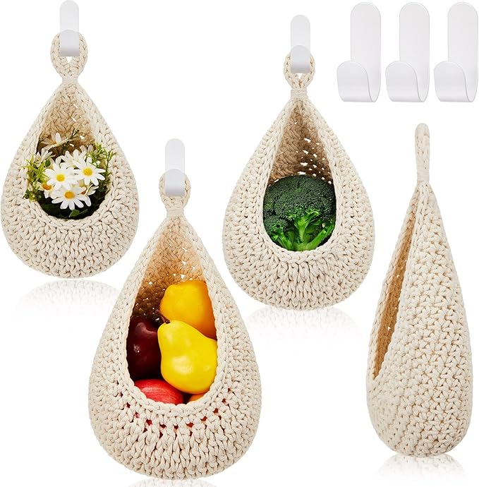 Honeydak Boho Decor Hanging Wall Baskets for Kitchen 3 Pack Teardrop Baskets with Hooks Storage Fruit Onion Vegetable Potato for Home 3 Sizes(White,Teardrop,Cotton Rope)