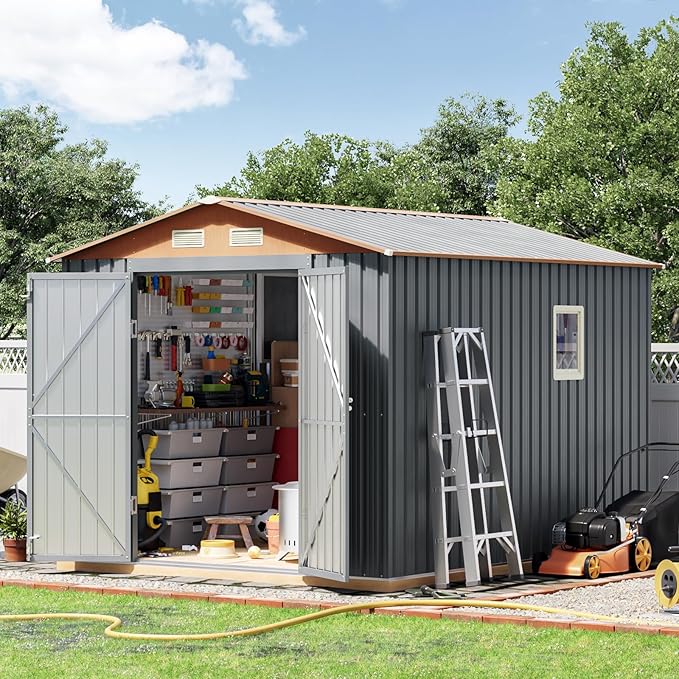 8x10FT Metal Shed & Outdoor Storage Shed, Steel Tool Multi-Used Shed with Vents,Lockable Doors,Window,Compact Tool Shed for Backyard, Patio, Lawn and Garden Various Storage(Matte Gray)