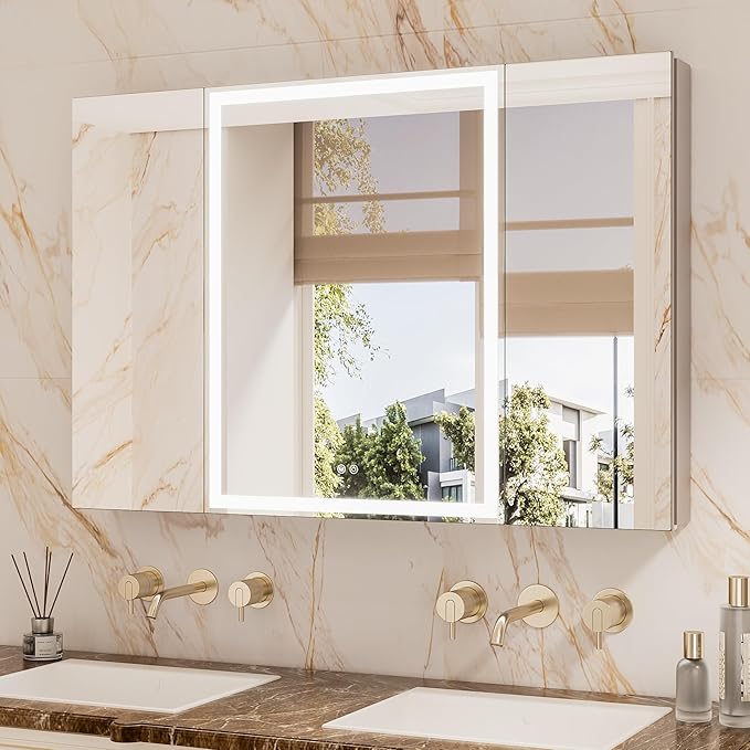 TETOTE 48 x 32 Lighted Bathroom Medicine Cabinet with Adjustable Shelves, Silver Aluminum Cabinet, Anti-Fog Stepless Dimmable 3 Colors White/Warm/Natural, Easy to Install(Wall Mount/Recessed)