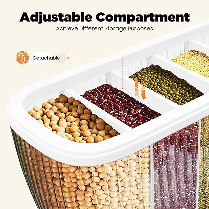 Dry Food Dispenser, Wall Mounted 6 Grid Beans Dispenser Grain Dispenser with Measuring Cup 22 Pounds Kitchen Storage Countertop Organizer for Kitchen Rice Beans Organizing