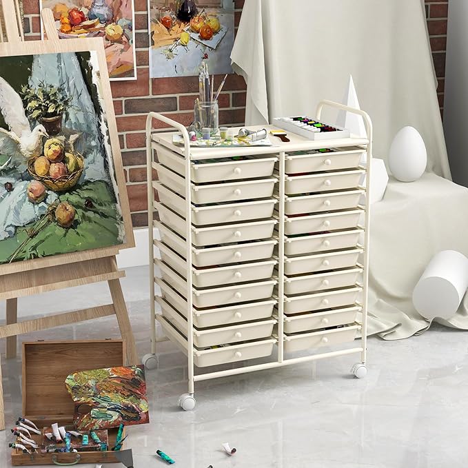 GOFLAME 20-Drawer Rolling Storage Cart, Multifunctional Art Craft Organizer, Mobile Utility Storage with Removable Drawers & Lockable Wheels, Craft Cart for Home Office, White