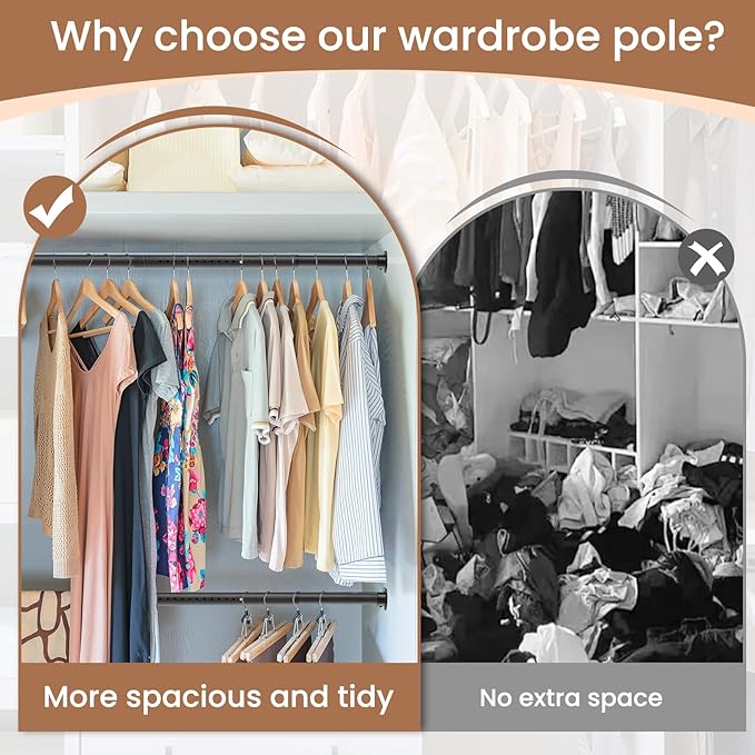 1.3 Inch Diameter Heavy Duty Closet Rods for Hanging Clothes, Metal Black Closet Rod 17-75 Inch Adjustable Clothes Hanging Bar Metal Shower Curtain Rods for Closets, Wardrobes, Bathroom, Windows