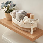 Decorative Toilet Paper Basket – Beautiful Bathroom Organizer for Toilet Tank Storage Decor – Boho Cotton Rope Bin with Tassel for Bathroom Accessories and as Shelf Decor
