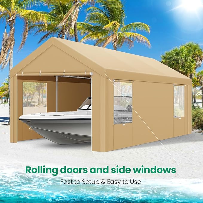 COBIZI 10x20 FT Heavy Duty Carport with Galvanized Frame, Carport Canopy with Roll-up Windows, Storage Tent with Removable Sidewalls & Doors, Built-in Sandbags for Car Boat Truck, Khaki