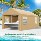 COBIZI 10x20 FT Heavy Duty Carport with Galvanized Frame, Carport Canopy with Roll-up Windows, Storage Tent with Removable Sidewalls & Doors, Built-in Sandbags for Car Boat Truck, Khaki