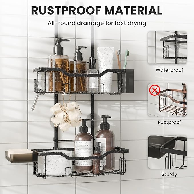 Hanging Shower Caddy Over Showerhead,2 Tier Rustproof Bathroom Shower Organizer, No Drill Shower Rack with Soap Dish, Toothbrush Holder and 12 Hooks,Black