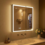 30x32 Lighted Medicine Cabinet with Mirror, Beveled Brushed Nickel Framed Surface or Recessed Fogless Dimmable LED Medicine Cabinet with Lights, Outlet, Time Display and Sensor Inner Light