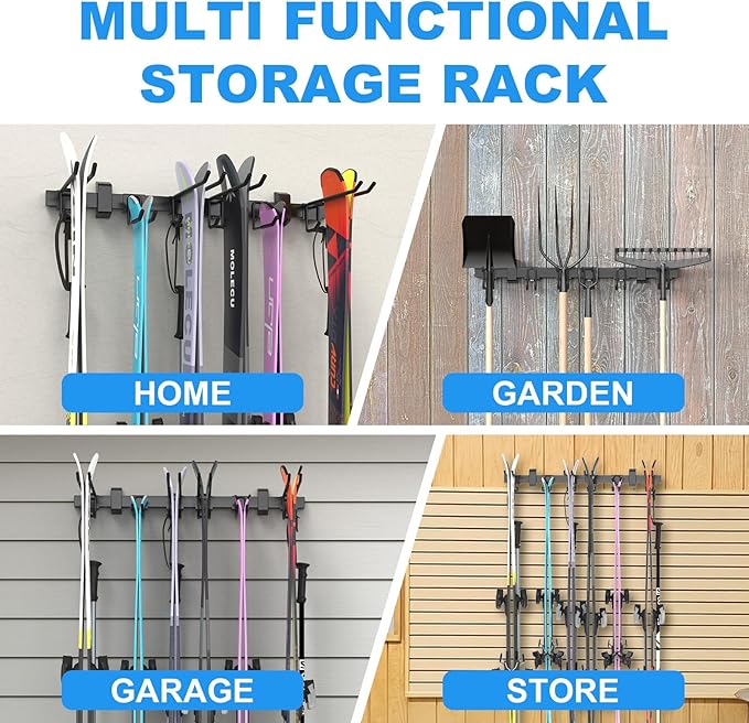 Ski Rack Wall Mount,10 Pairs Ski Holders for Wall with Movable Rubber-Coated Hooks for Garage Storage Organizer System,Snowboard Wall Mount for Garage and Home Shed, Holds Up to 600lbs
