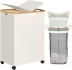 efluky Double Laundry Hamper with Wheels, Divided Laundry Hamper with Removable Bags, 2 Section Dirty Clothes Basket with Handles for Bathroom, Bedroom & Laundry Room, 160L Beige