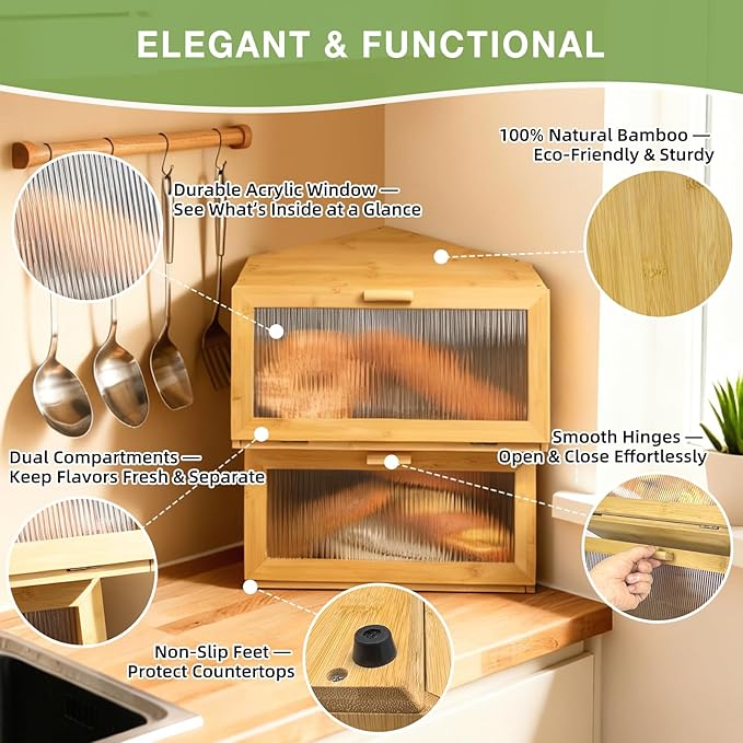 Double Corner Bread Box Storage for Kitchen Countertop. Extra Large Bamboo Bread Boxes. Double Layer Bread Bin for Kitchen Countertop Cabinet.