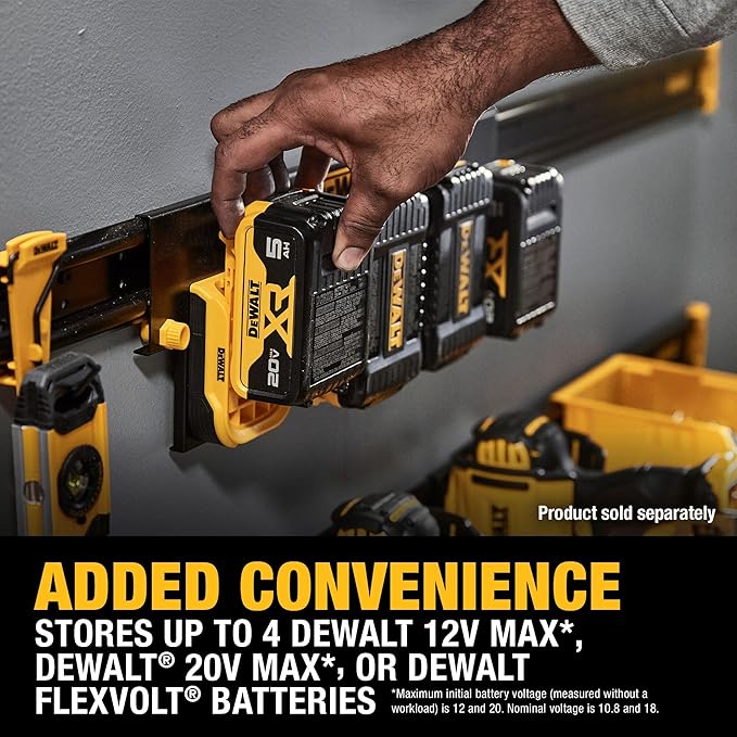 DEWALT Battery Organizer, Holds up to 4 Batteries, Mount Rail, Workshop Storage System Compatible (DWST82819)