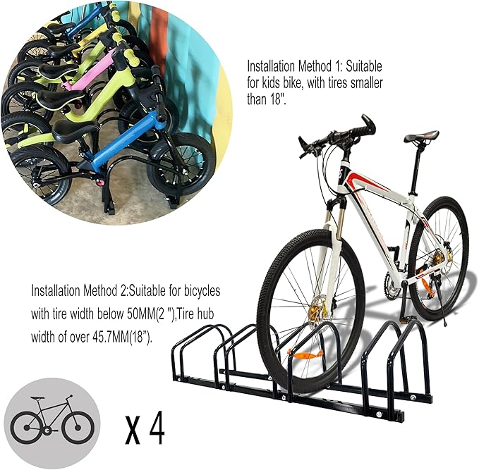 XINYI Bike Rack Floor, Bike Stand Garage, Indoor/Outdoor Bike Rack Garage,22-28" Wheel Stand, Max. Tire Width 2.1", Front/back Bike Stand For Mountain, Road and Kids Bikes for 4 Bikes
