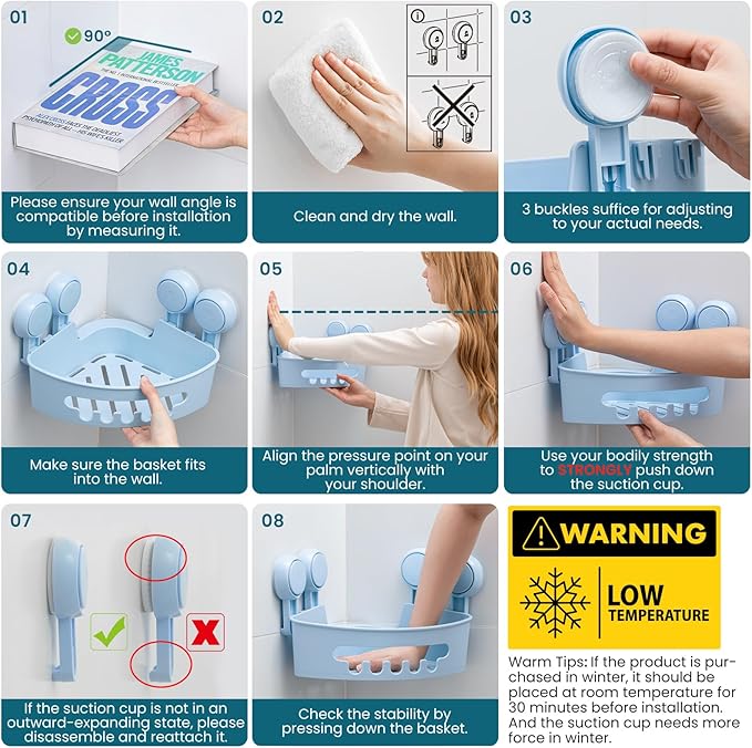 TAILI Suction Corner Shower Caddy, Bathroom Shelf Storage Basket Wall Mounted Organizer for Shampoo, Conditioner, Plastic Rack for Kitchen and Bathroom, Drill-Free Removable -BLUE