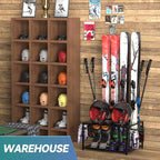 Freestanding Ski Holders for 4Pairs of Skis Ski Boot, Poles,Goggles, Helmet and More,Storage Rack for Garage, Heavy Duty Steel Floor Stand Ski Organizer for Garage Basement(Double-Layer storage shelf)